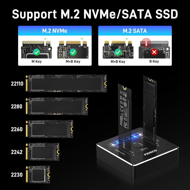 FIDECO M.2 NVMe SATA SSD Cloner Dock, USB 3.2 Gen 2 X 2, 20Gbps Dual NVMe SATA SSD Enclosure, M.2 Duplicator Cloner, Support Offline Clone, UASP and Trim, Aluminum Design - Image 5
